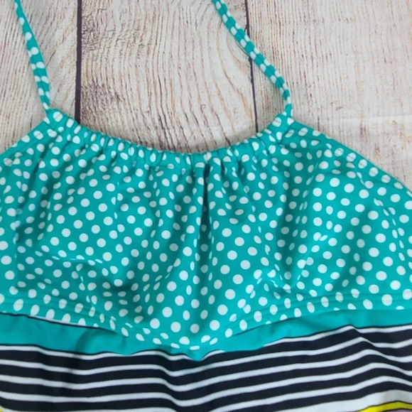 Roxy 1pc Halter Bathing Suit Girl's Size 16 Teal Black Yellow Stripes Polka Dots - Picture 4 of 7